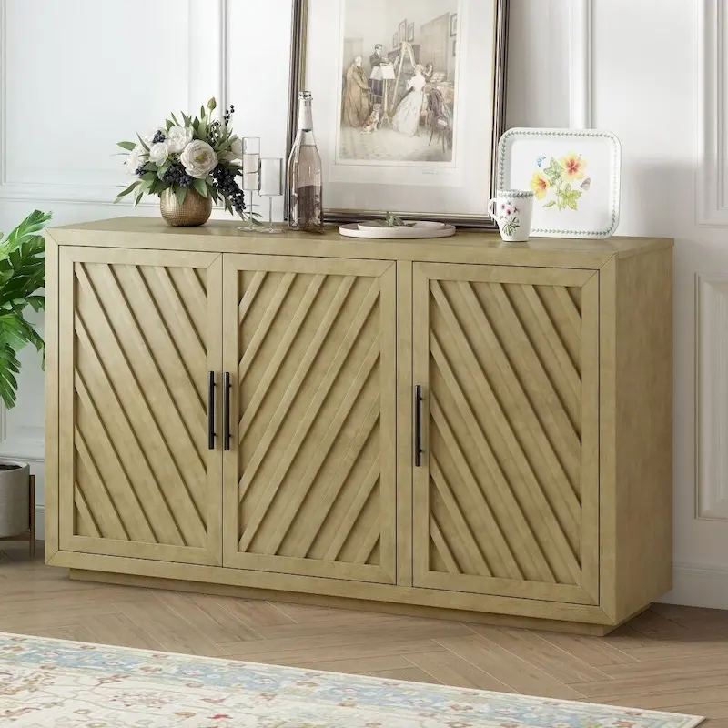 3-Door Large Storage Retro Sideboard with Adjustable Shelves and Black Handles