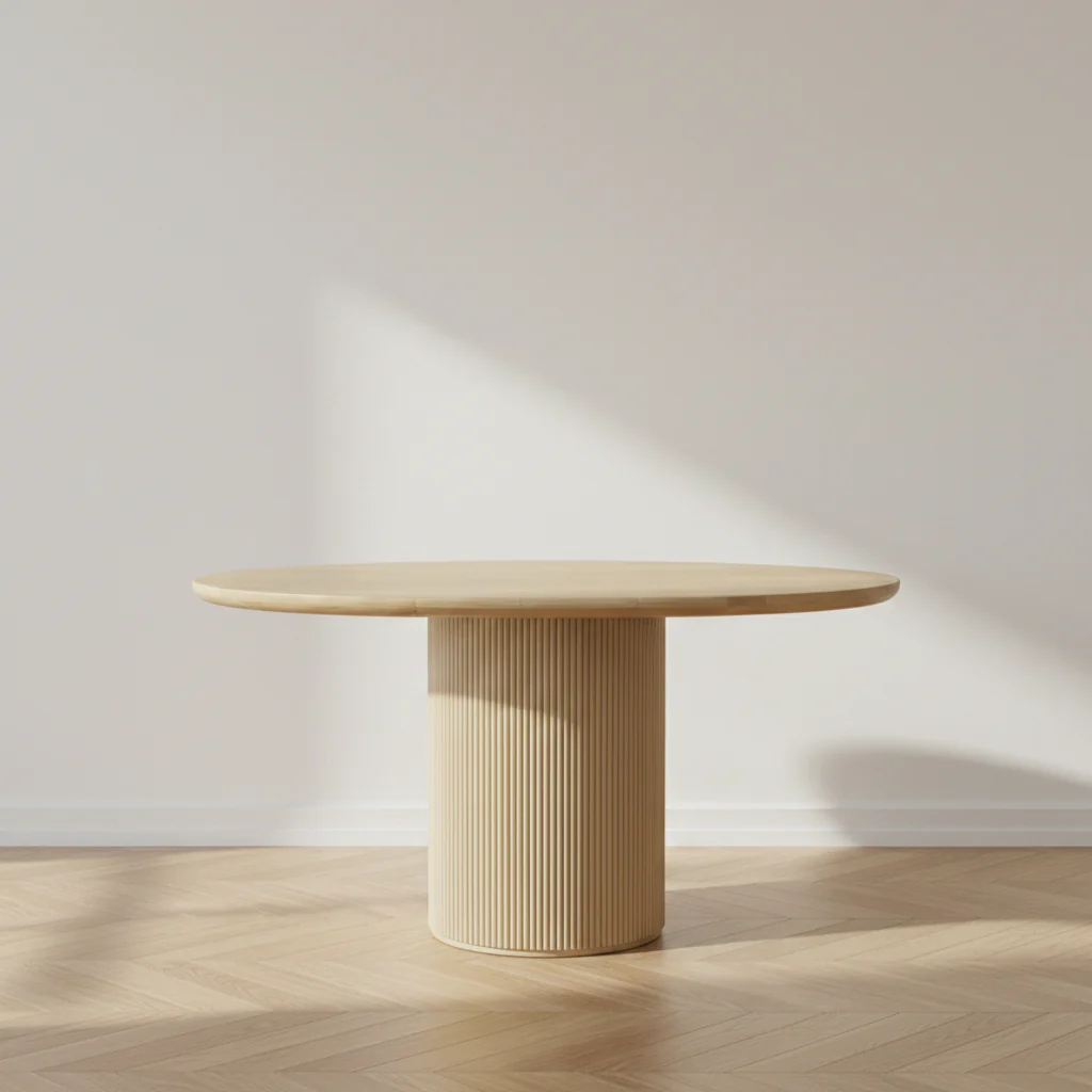 Classic Oak Round Dining Table with Reeded Base for Dining Room