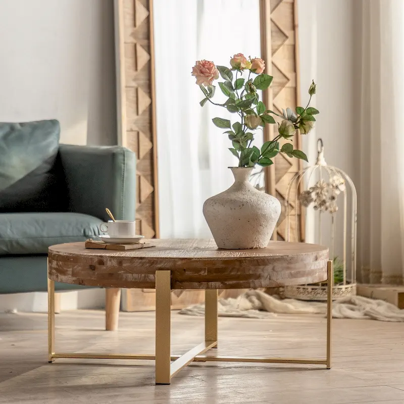 31.29 Splicing Round Coffee Table,Fir Wood Table Top with Gold Cross Legs Base