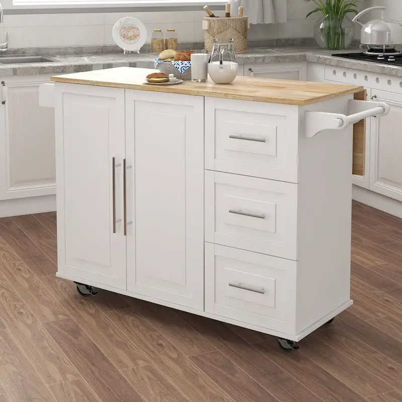 Kitchen Island with Spice Rack and Extensible Solid Wood Table Top