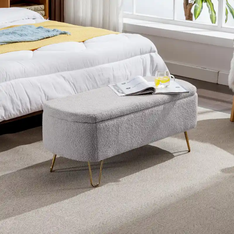 Faux Fur Entryway Bench Padded with Storage