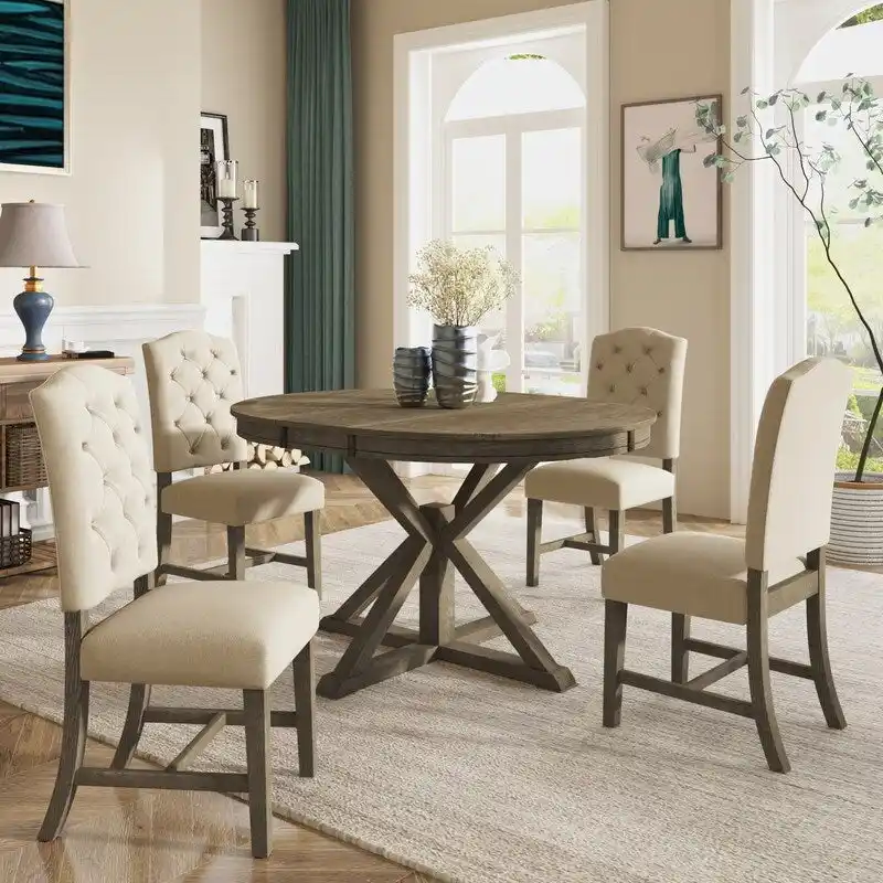 Retro Style Dining Table with Extendable Table and 4 Upholstered Chairs for Dining Room and Living Room