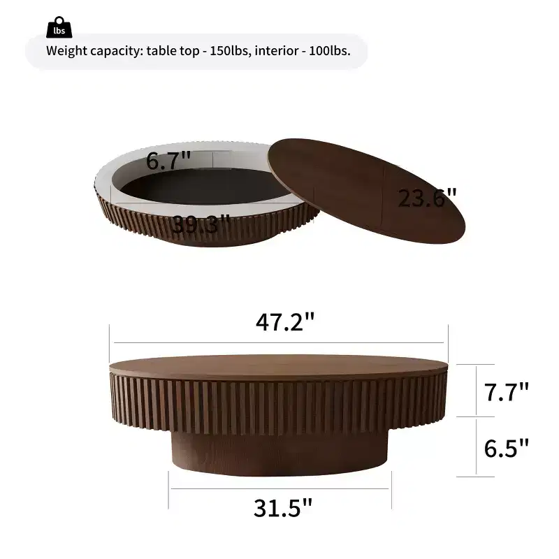JVNOXK 47'' Oval Coffee Table with Storage Solid Wood Veneered Modern Coffee Table Accent Tea Table for Living Room, Apartment or Office, Walnut