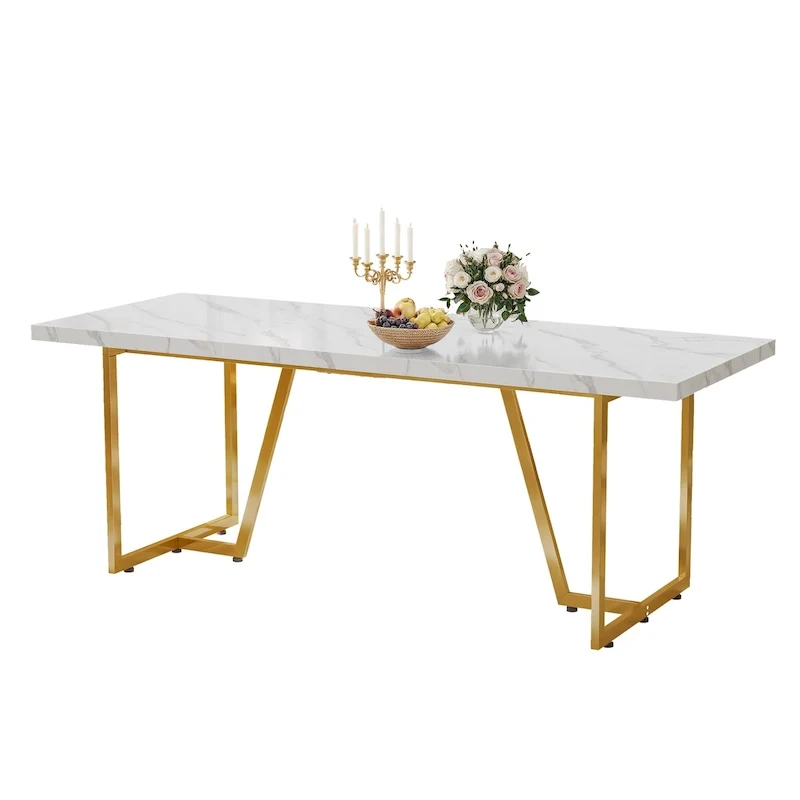 82  W Faux Marble Dining Table Rectangular Table for 8-10 People with Metal Legs