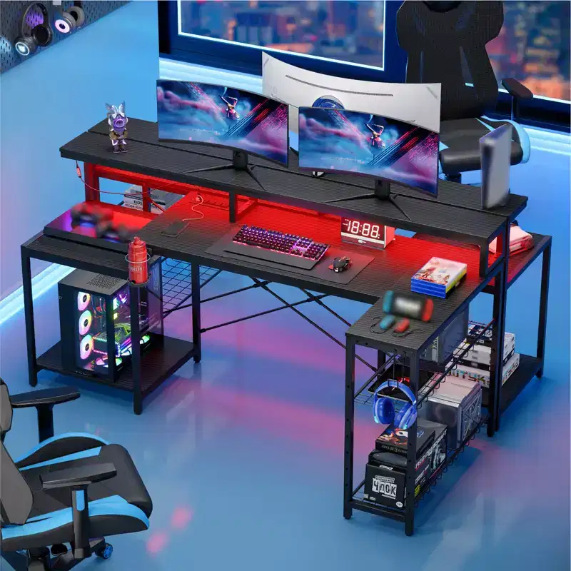 Bestier 71.5 Gaming Desk with Power Outlet, L-Shaped Computer Desk with Monitor Stand, Corner Gamer Table with Adjustable shelf & Headphone hook