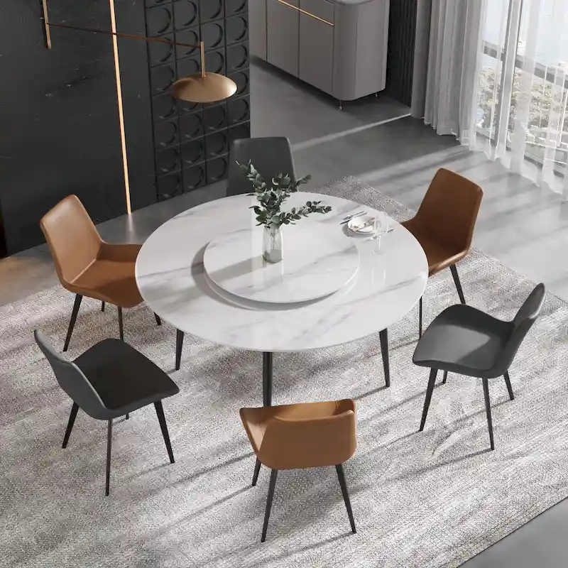 59 White Marble Round Dining Table with Lazy Susan