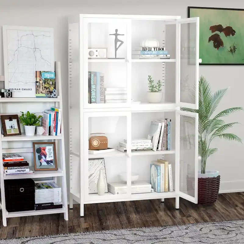 Four Glass Door Storage Cabinet with Adjustable Shelves and Feet Cold-Rolled Steel Sideboard Furniture