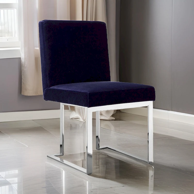 Boly 19 Inch Dining Chair, Set of 2, Navy Blue Velvet, Foam, Chrome Steel