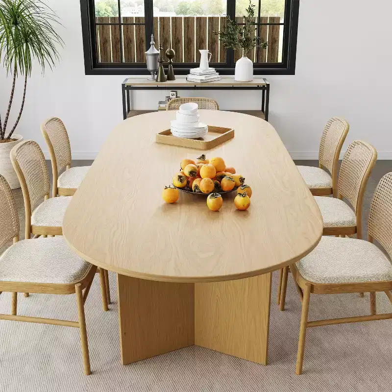 79 Farmhouse Large Oval Yellow Dining Table for 6-8 People with V-Shaped Legs for Dining Room and Living Room
