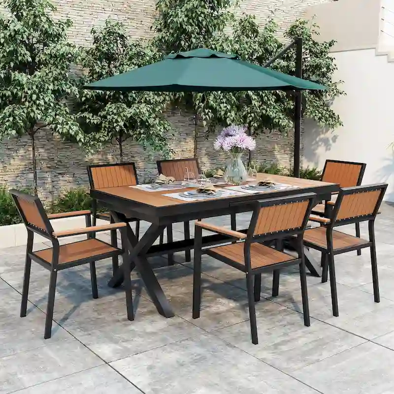 Outdoor Plastic Wood Chairs Set with Six Chairs and a Table (Set of 7)