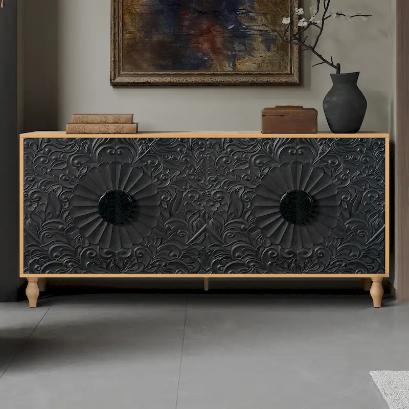 63 Accent TV Stand with Carved Doors & Wood Legs for Living Room