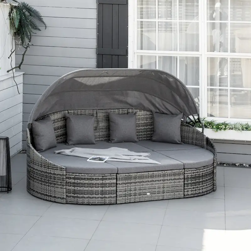Outsunny 4 Pieces Patio PE Wicker Lounge Set, Outdoor Rattan Garden Conversation Furniture Set, Round Sofa Bed